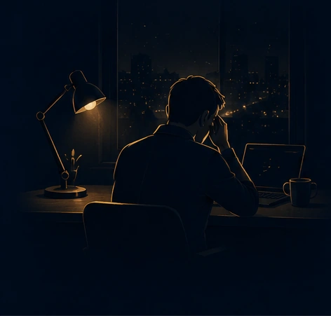 Entrepreneur travaillant seul à son bureau la nuit, devant les lumières de la ville